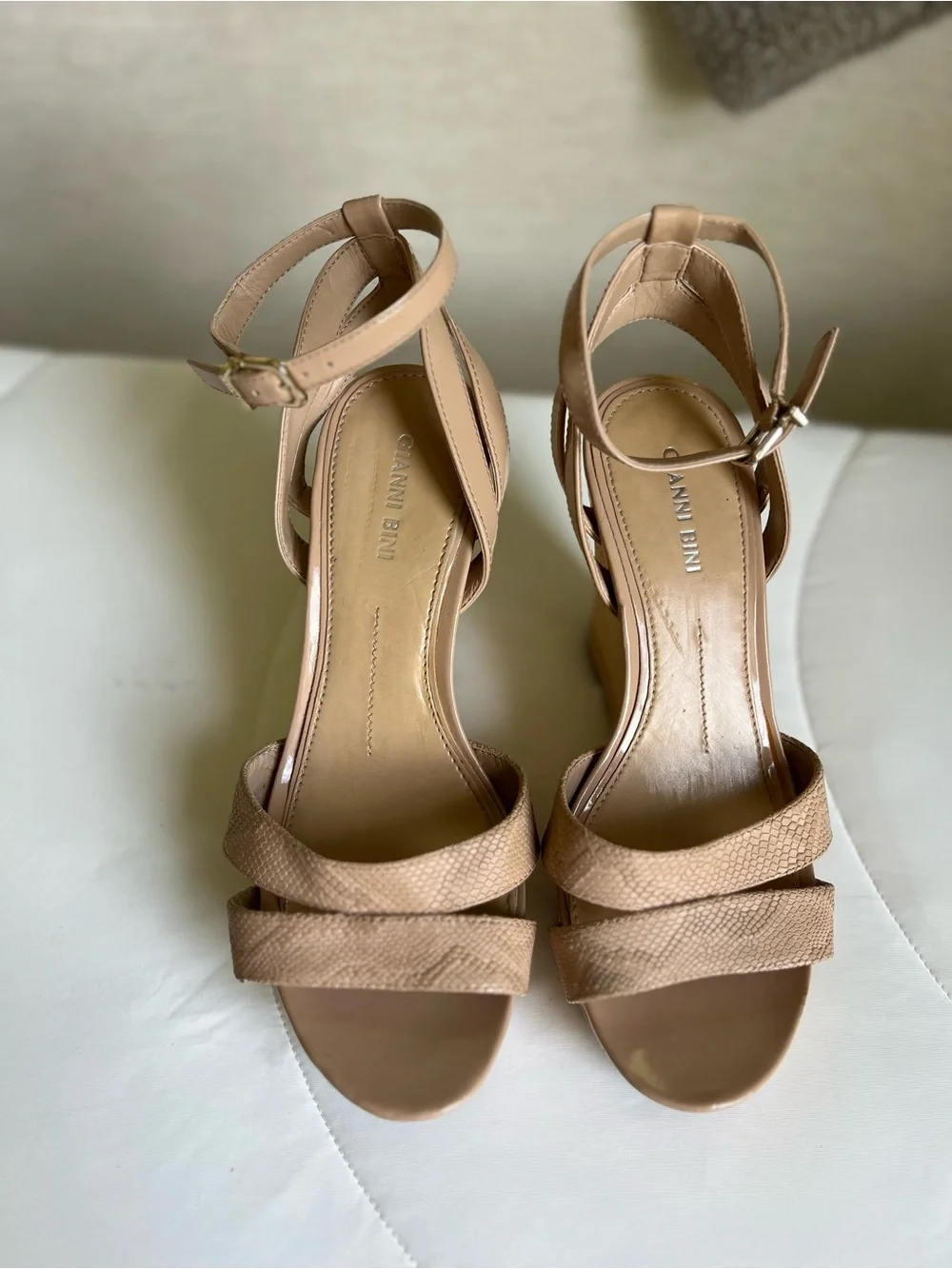 Gianni Bini Nude Ankle-Strap Wedge Sandals - Women's size 8.5 Straw
